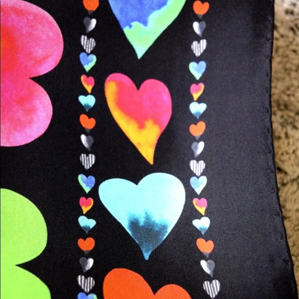 NEW MOSCHINO 100% Silk Scarf Black/Multi Heart Print,Hand rollIed, Italy…